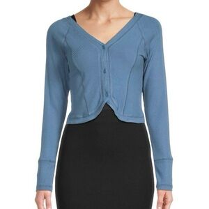 New Area Stars Ribbed Tulip Hem Cardigan Button Front Crop Top Blue Size Medium